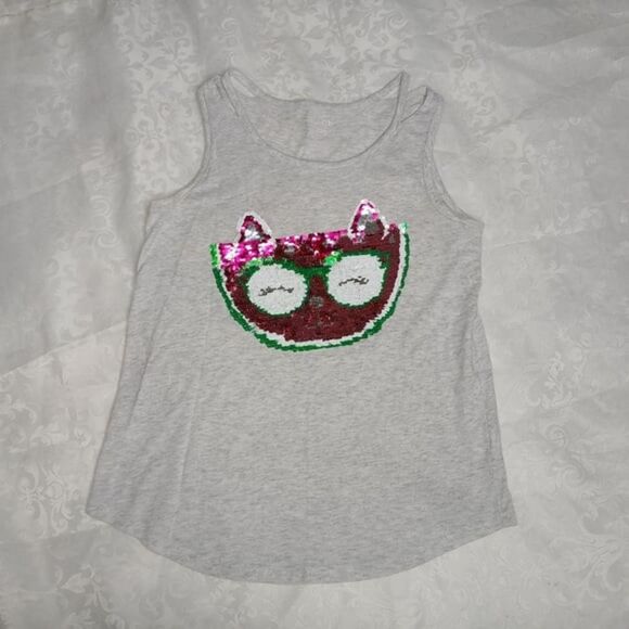 Place Girls Flip Sequin Watermelon Cat Fox Tank Top Light Gray Pink Size 14 XL - Picture 1 of 9